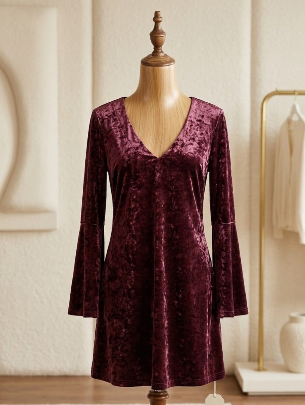 Ana Crushed Velvet Plum Bell Sleeve Dress Size Medium